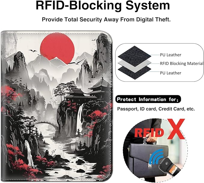 Passport Wallet, Passport Holder with RFID Blocking and Luggage Tag, Waterproof PU Leather Travel Documents Organizer Case, Passport Covers with Card Slot for Women & Men, Red Moon Japanese Landscape