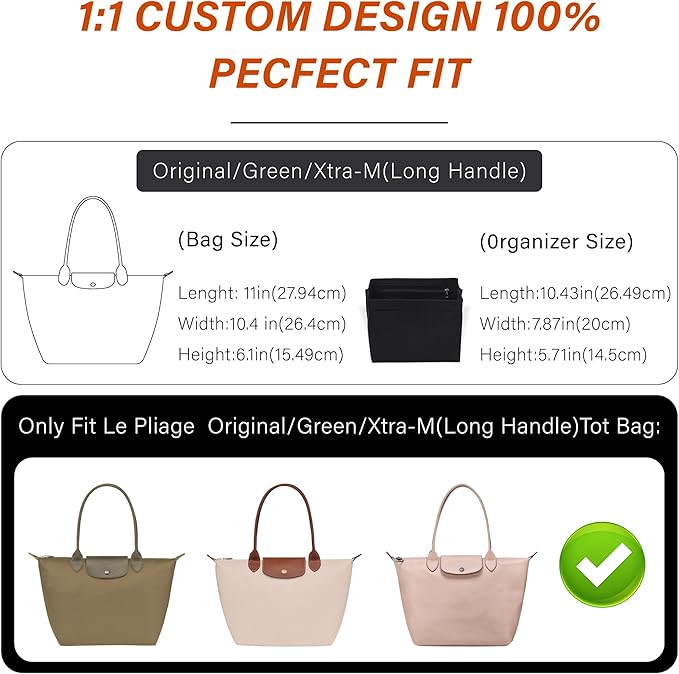 Premium Felt Purse Organizer Insert for Longchamp Le Pliage M, Zipper Long Champ Bag Organizer Insert with Cup Holder, 9 Compartments(Beige, Medium)