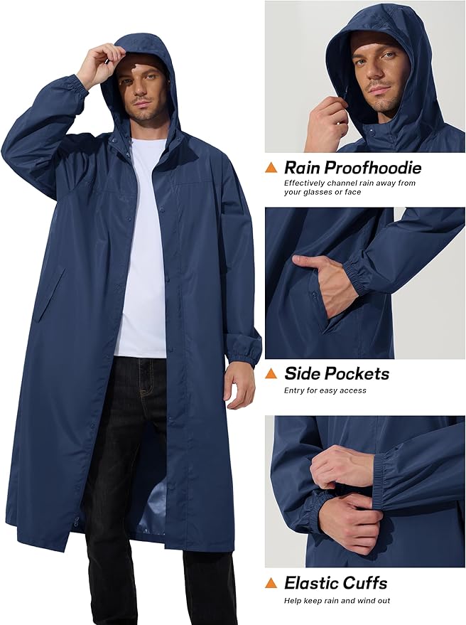 UIQUR Men's Rain Jacket Lightweight Long Raincoat Hood Rain Poncho Waterproof Windbreaker Cycling Running Hiking Packable