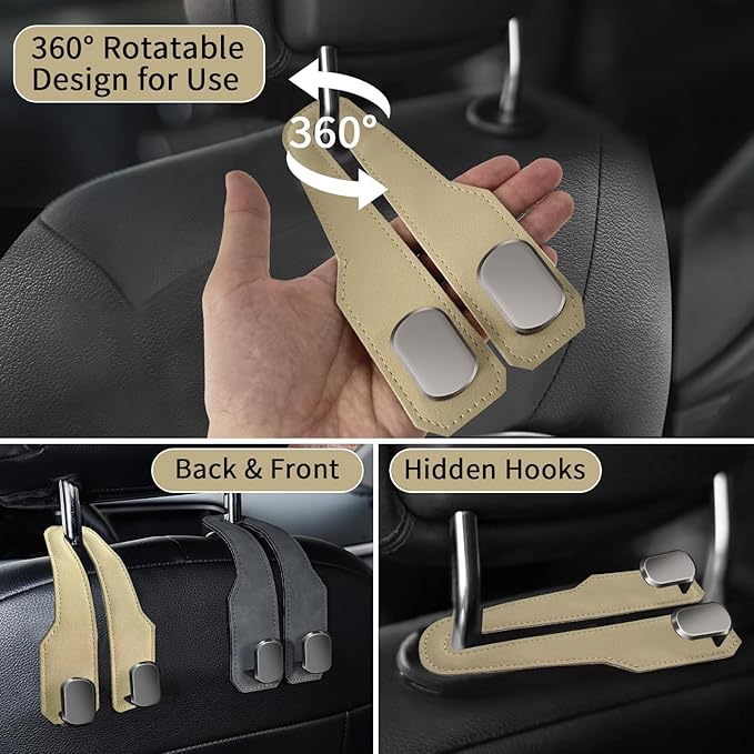 Car Seat Headrest Hooks for Purses and Bags, 4 Pack Bag Purse Holder for Car with Double Metal Hooks, Car Purse Hanger, Headrest Back Seat Handbags Hook Cute Hanging Accessories, Beige