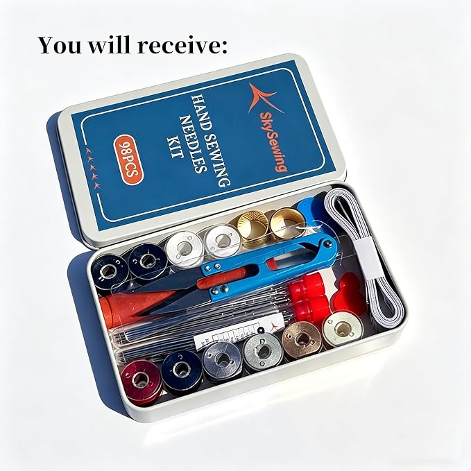 SkySewing 98PCS Large Eye Hand Sewing Needles Kit with Metal Box, Mini Sewing Kit with Threaders, Thimbles, Seam Ripper, Portable Sewing Repair Kit for Adults Beginner Travel Clothing Repair Home Use