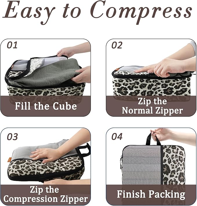 U+U 4 Set Compression Packing Cubes - Ultralight Travel Organizers, Space-Saving Suitcase Organizer, Expandable Packing Organizers for Travel Essentials (Leopard)