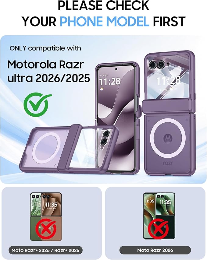 Magnetic for Motorola Razr Ultra 2026/2025 Case,Hinge Protection, Screen Protector, Compatible with MagSafe, Translucent Frosted, Shockproof Slim Cover for Razr Ultra 2026/2025-Purple