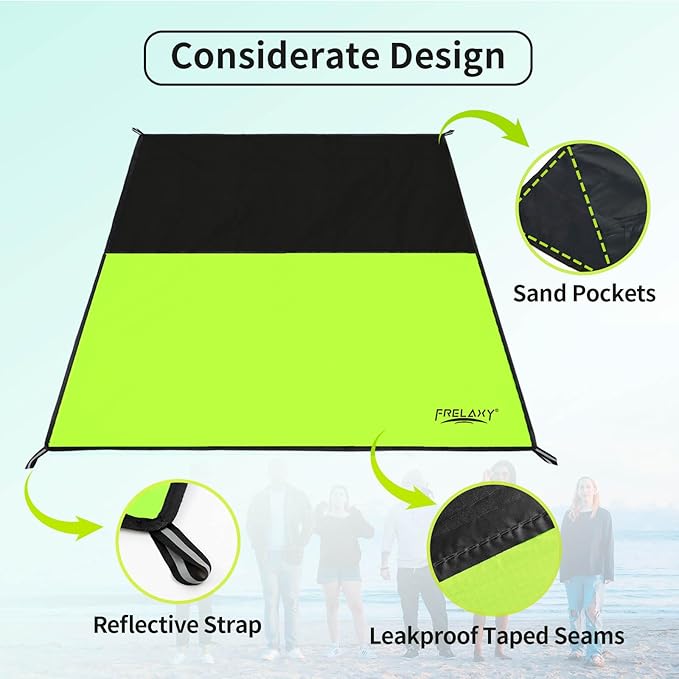 Frelaxy Pocket Picnic Blanket, Waterproof Sandproof Beach Mat, Compact Camping Tarp for Festivals, Hiking, Travel, Outdoor Recreation (Neon Green & Black, 57'' x 60'')