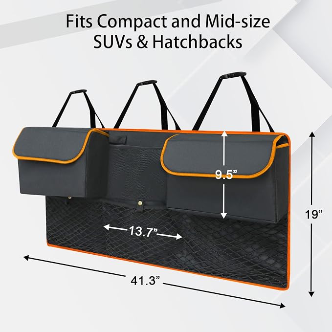 Deluxe Trunk Organizer for Car Small SUV, Backseat Hanging Trunk Organizer, Waterproof Collapsible Car Storage Bag with 6 Pockets, Reinforced No-Sag Design (Orange, Compact & Mid Size SUV)
