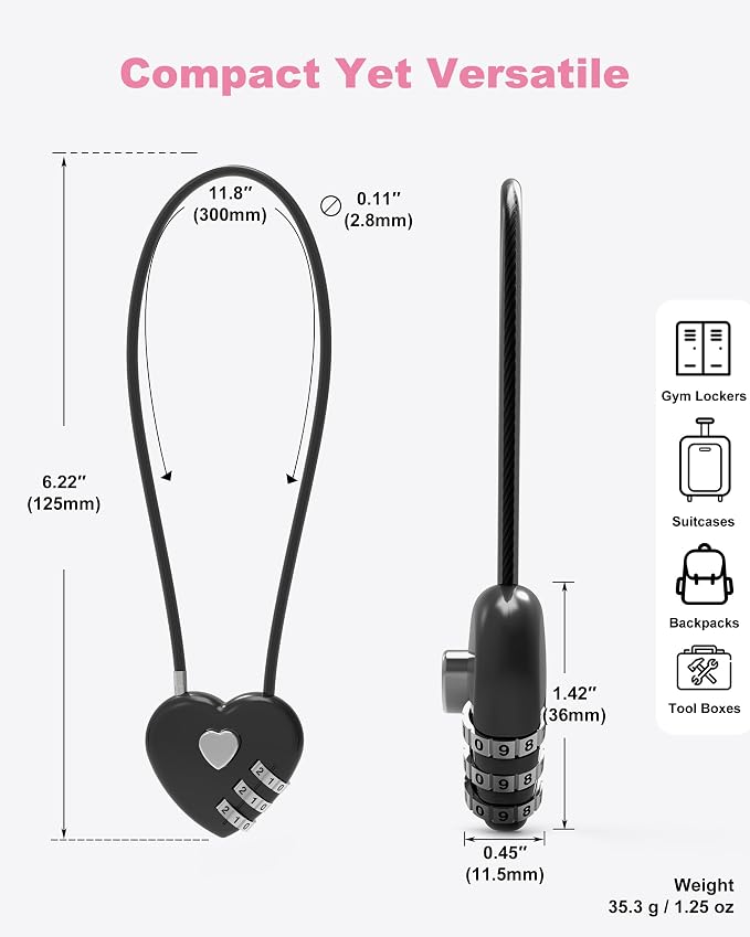 3 Digit Combination Lock Cable 1 ft, Combo Long Cable Lock with Code, Thin Wire Small Padlock Combination, for Travel Luggage, Backpack, Cabinet, Fridge Door, Bike Motorcycle Helmet