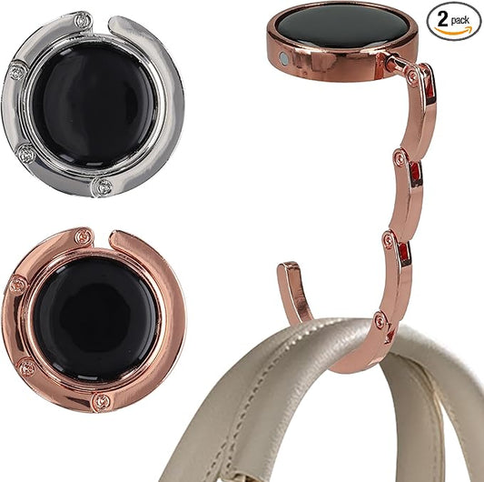 kwmobile Purse Hook for Table - Set of 2 Purse Holder - Folding Handbag Hanger - Portable Bag Holder - Bag Hooks for Desk - Table Hook Silver/Rose Gold