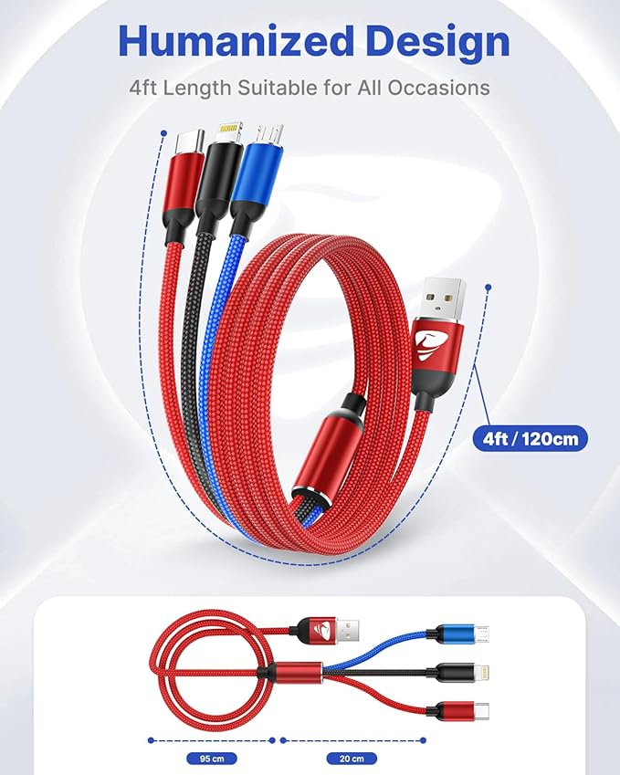 Multi Charger Cable, Fast Multi Charging Cord 3 in 1 Nylon Braided Multiple USB Universal Charging Cable for Type-C, Micro USB, Cell Phones/IP/Samsung Galaxy/Ps/LG/Huawei/Kindle