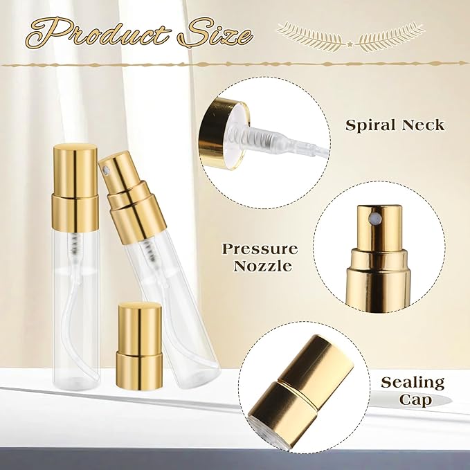 30 Pcs 5ml/0.17oz Mini Spray Bottle Glass Fine Mist Perfume Atomizer Empty Sample Containers with Golden Lids for Travel Cleaning Essential Oils