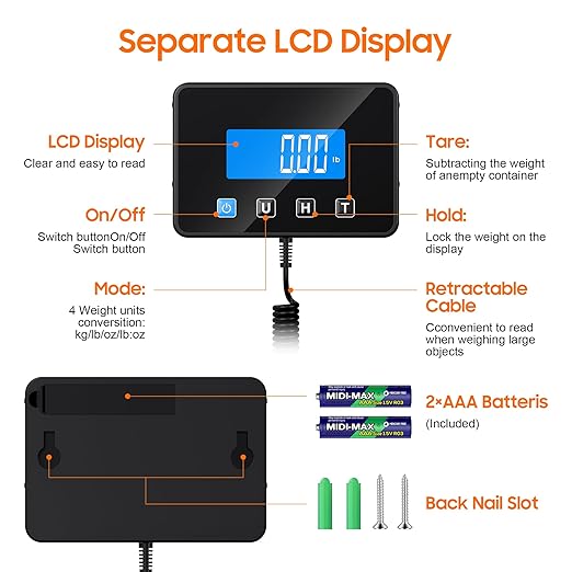 Shipping Scale, 440lb/1.8oz Digital Postal Scale for Packages with Hold/Tare Function, Backlit LCD, Battery & Cable Included, Postage Scale for Small Business, Packages, Luggage, and Home Use