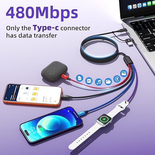 Travel 4 in 2 Multi Charging Cable for iWatch Charger/iPhone 17/IP, Life Essentials Multiple Charger Cord for iWatch Ultra/SE/11-2, iPhone 17-11, Galaxy S25-21, iPad (2PACK 5FT)