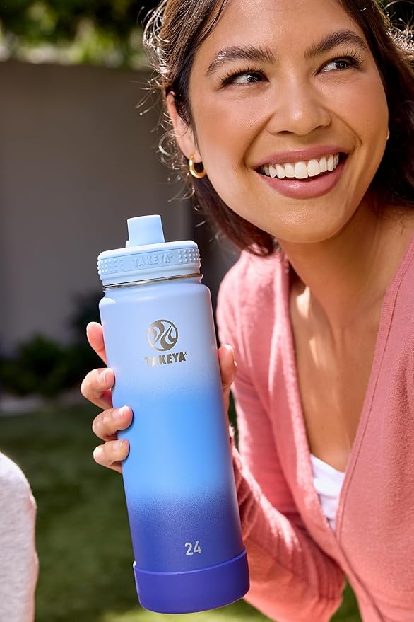 Takeya Actives Stainless Steel Water Bottle, Insulated Spout Lid, Keeps Drinks Cold 24 Hrs, Leakproof, Durable, Dishwasher Safe, Ideal for Gym, Travel, Fits Most Cup Holders, 24 oz/Ombre Pacific Blue