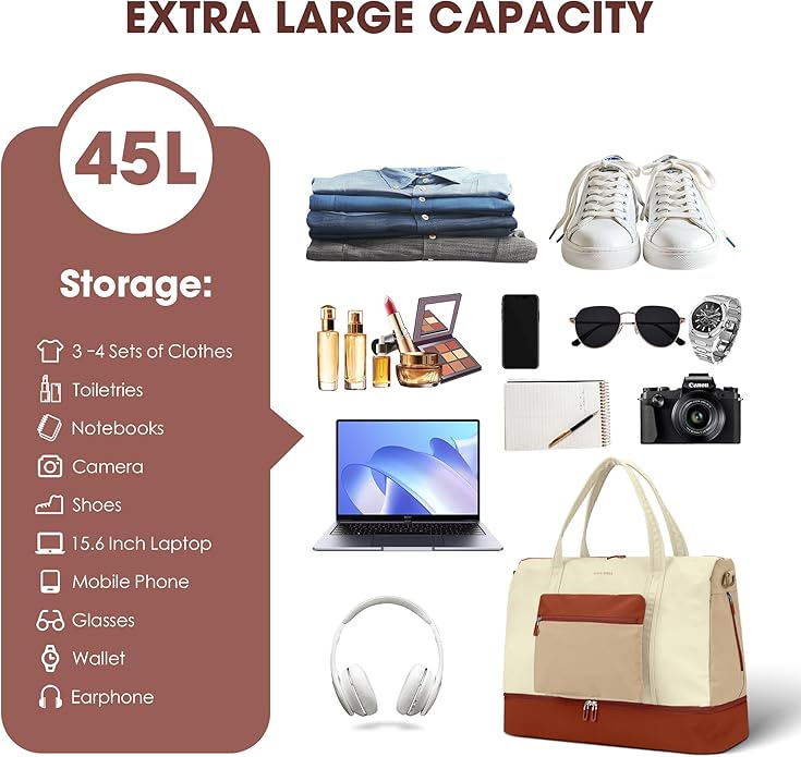 Women's Weekender bag Travel Duffel Bag with Shoe Compartment 21-inch Airline-Approved Carry-On, 2-Piece Overnight Bag Set Personal Item Luggage