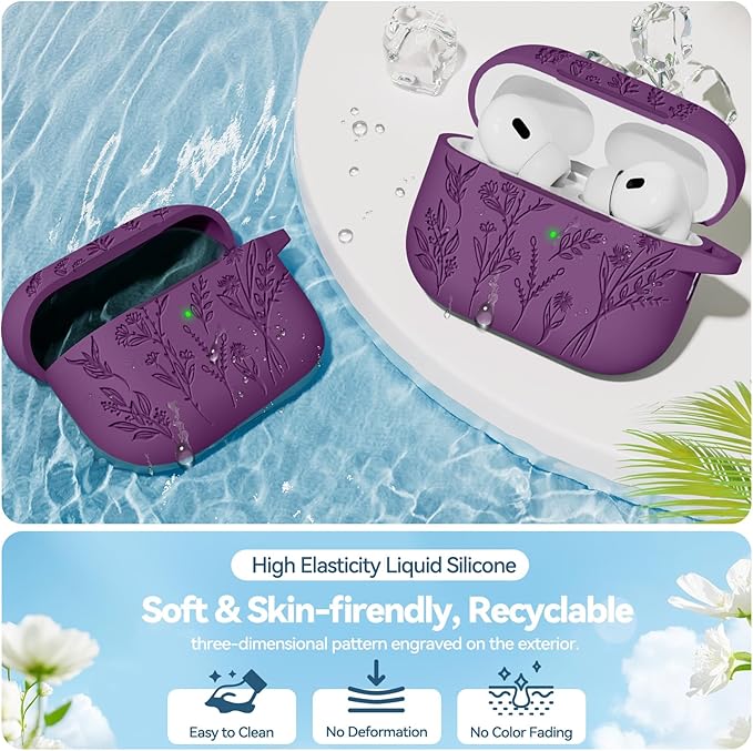 for AirPods Pro 2 Case, Ekoonpft Silicone AirPod Pro Cases with 3-in-1 Cleaning Kit & Keychain, Flower Engraved Cover for Apple AirPods Pro 2nd/1st Generation, Shockproof & Anti-Scratch