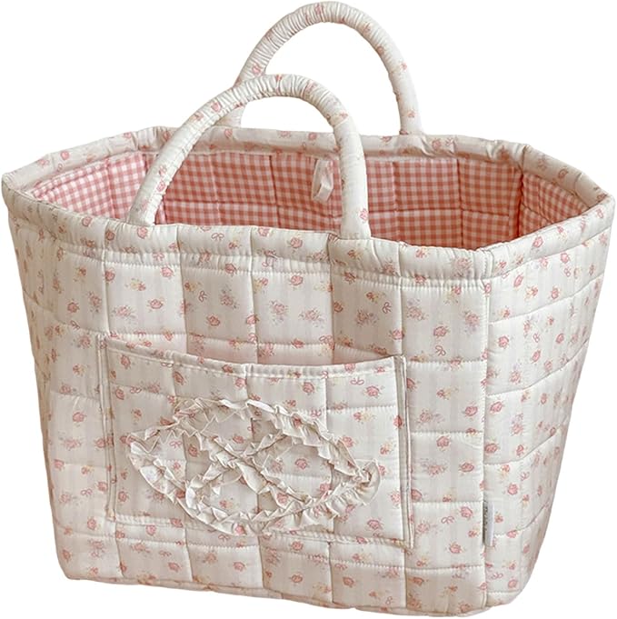 Floral Fabric Storage Basket Car Interior Storage Basket Underwear Sundries Laundry Baskets Supplies Home Organizer Bag (pink+white bow)