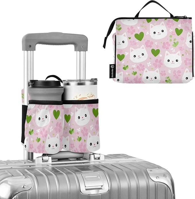 Luggage Cup Holder for Suitcases Free Hands Suitcase Cup Holder Travel Luggage Drink Holder Portable Luggage Cup Caddy Bag Carrier with Handle Pink Cute Sakura Cat Faces Hearts