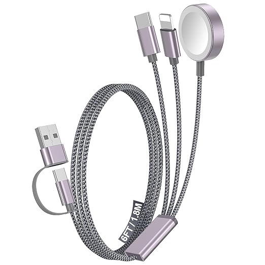 1Pack Multi Charging Cable Cord for Travel Essentials,Apple Watch Charger,iPhone Charger,[3-in-2] Type C/L Cable Portable Designed for iWatch,iPhone 17-8,Galaxy S25-21,AirPods,iPad-1.8M Gray