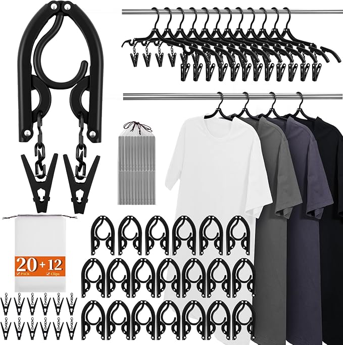 20 Pack Foldable Travel Hangers with 12 Clips - 2026 Cruise Essentials, Portable Collapsible Plastic Hangers-Travel Must Haves for Suitcase, Hotel, RV, Road Trip, Flying, Camping | Black