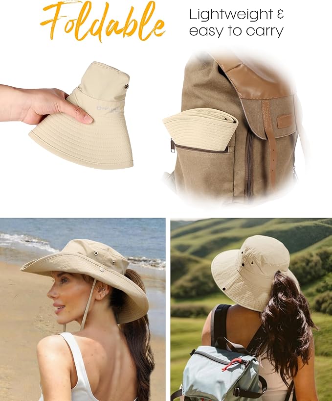 FURTALK Sun Hats for Women Ponytail UPF 80+ Beach Summer Hat Wide Brim Packable Cowboy Hat