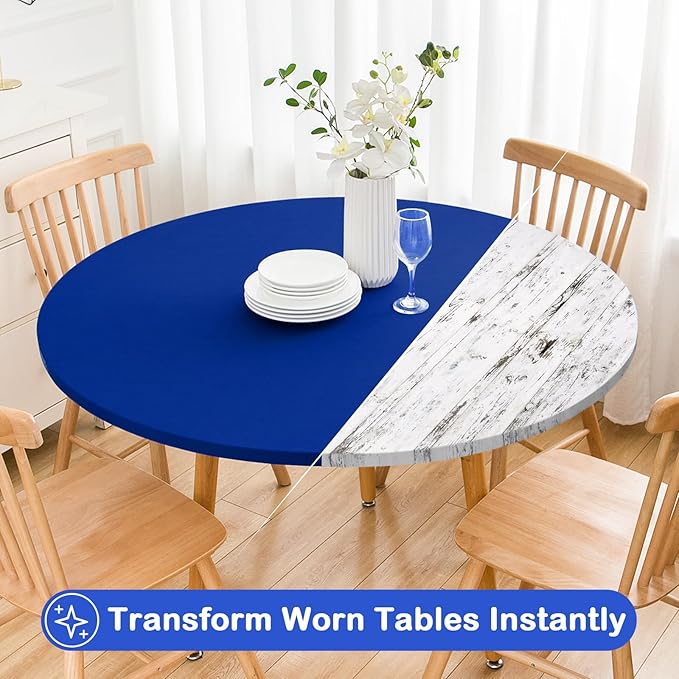 Wolkemer 2 Pack 5 Foot Blue Fitted Tablecloth 60 Inch Round Elastic Edges Table Cloth, Spandex Stretch Table Cover with Machine Washable Fabric for Wedding Party Picnic Dining Indoor Outdoor