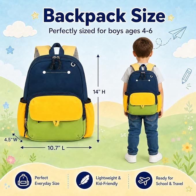 BTOOP Kids Backpack for Boys 3-6, Preschool Kindergarten Backpack with Insulated Lunch Compartment & Chest Strap, Cute Lightweight School Travel Bag Fits A4 Folder