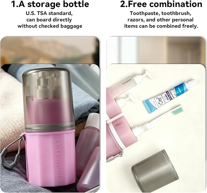 4 in 1 Travel Dispenser，Unbreakable Silicone Travel Dispenser Bottle, Vacuum Suction Wall Mounted Refillable Containers,Leakproof Toiletry Containers for Shampoo, Lotion, Baby Care-Pink.