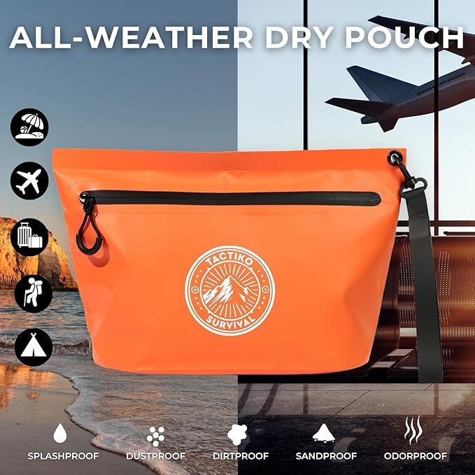 3-Pack Tactiko 3L Water Resistant Pouches - Waterproof Material w/Splashproof Zipper - Hold All Zipper Bags for Storage, Toiletries, Travel, Beach, Cruise, Home (3, Orange/Gray/Black)