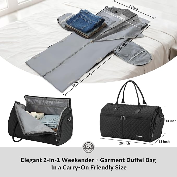 STOVER Women’s Convertible Garment Duffel Bag for Travel – 2-in-1 Carry-On Weekender/Overnight Tote - Wrinkle-Free Dresses, Suits & Clothes + Shoe Compartment & Bonus Toiletry Bag (Onyx Black)