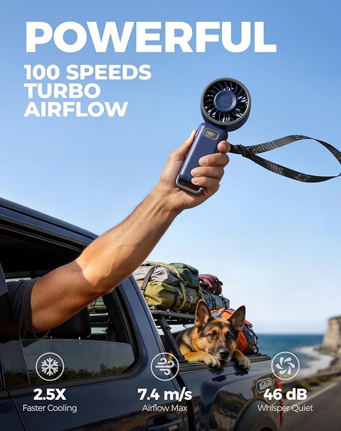 Diveblues Portable Handheld Fan, 7.4m/s High Speed Turbo Fan, 180° Foldable 4-in-1 Personal Neck Fan Integrated Carabiner Clip, 100 Speed Stepless Control, USB-C Rechargeable, 12H Battery, Fanzy D6036
