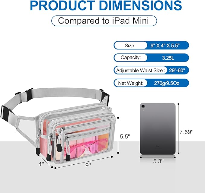 Clear Bag Stadium Approved Clear Fanny Pack for Women for Work,Multi-purpose Waist Bag for Travel & Sporting Event