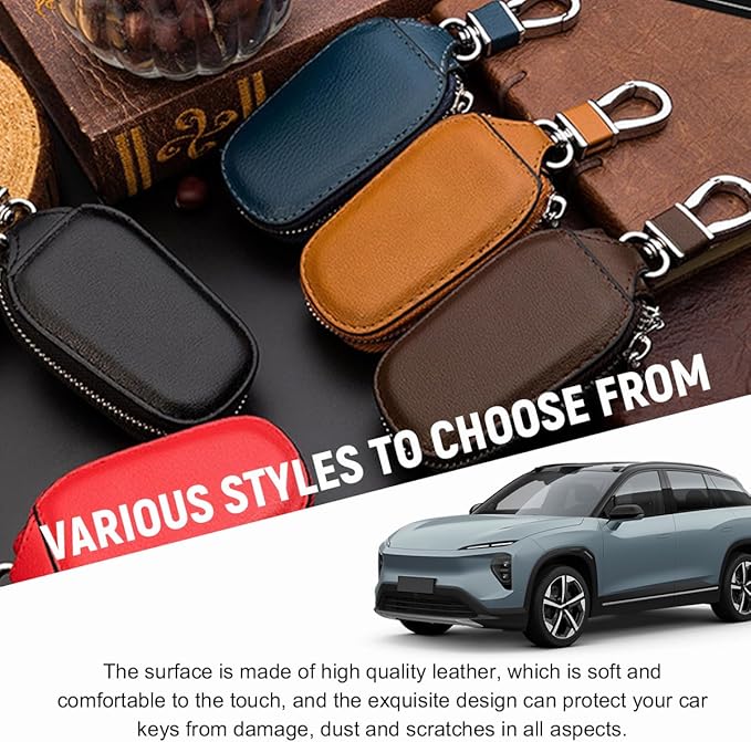 Yourkar 2 PCS Car Key Case, Genuine Leather Auto Key Fob Storage Bag, Key Chain Holder Key Ring Zipper Bag, Car Accessories (Coffee)