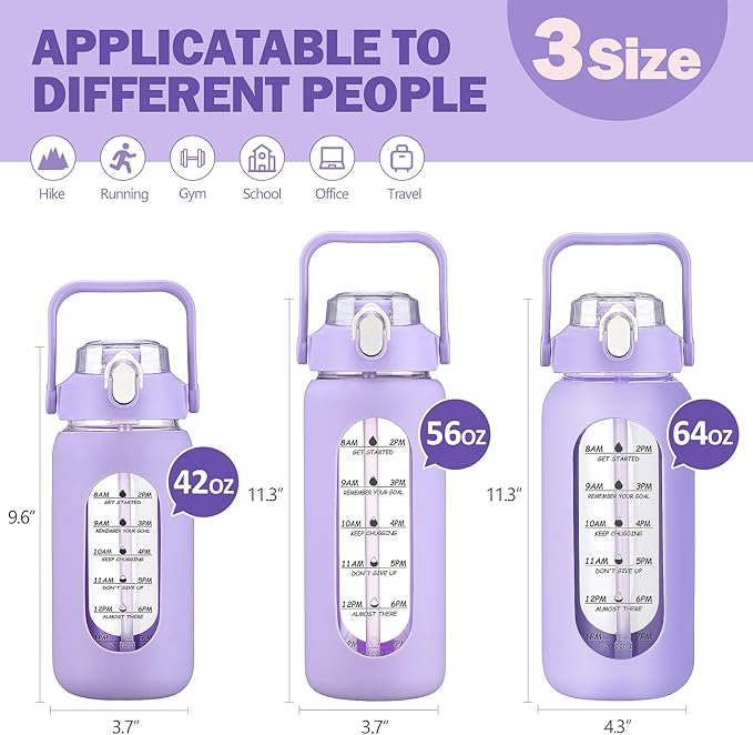 64oz Glass Water Bottles with Straw, Half Gallon Motivational Glass Bottle with Silicone Sleeve and Time Marker, 2L Leakproof Large Glass Water Jug for Gym Home Office, Purple