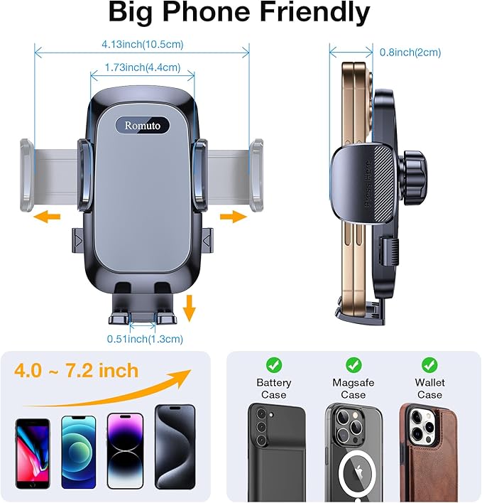 Romuto Phone Holders for Your Car Phone Holder Mount【Super Suction】 Cell Phone Mount for Car Accessories for Women Men Windshield/Vent/Dash Truck Stand Desk Mount Clamp Holder for iPhone Samsung