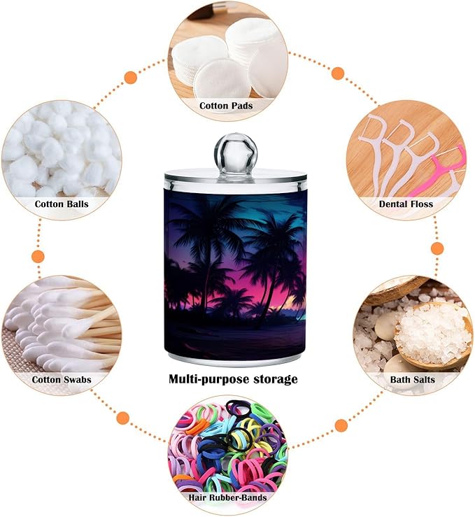 2 Pack Qtip Holder Organizer Dispenser Palm Tree Beach Tropical Bathroom Storage Canister Cotton Ball Holder Container for Cotton Pads/Swabs/Floss