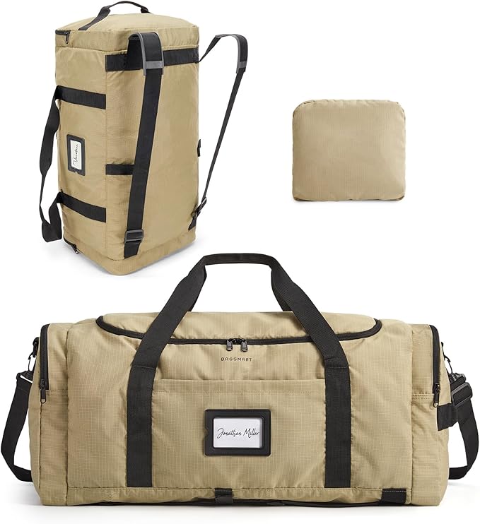 BAGSAMRT 60L Foldable Duffle Bag for Travel, Large Travel Duffel Bag for Men, 4 in 1 Travel Backpack, Carry on Weekender Bag, Light Brown