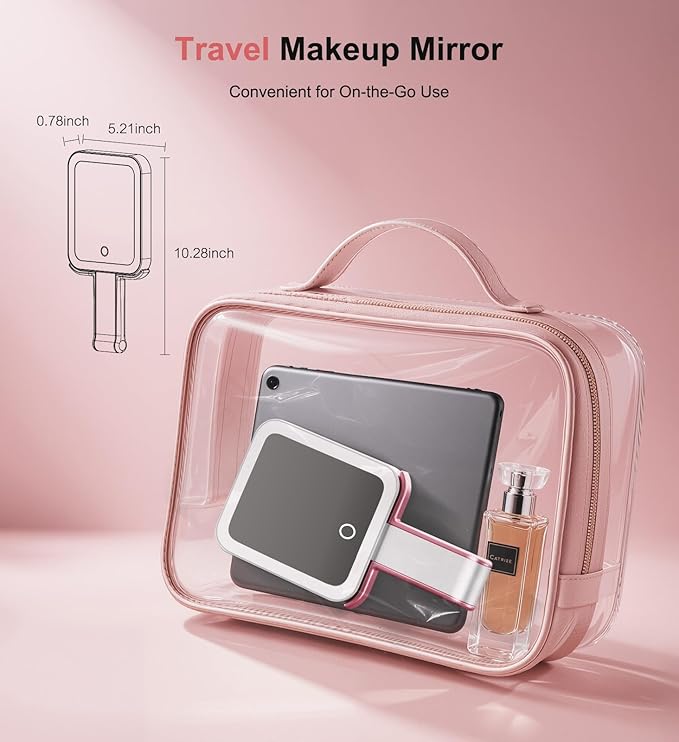 Travel Makeup Mirror with Lights 10X/1X Double-Sided Magnifying LED Beauty Mirror Rechargeable Portable Vanity Mirror with 3 Color Lighting Smart Touch Dimming Desktop Handheld Hanging (Pink)