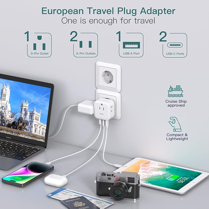 2 Pack European Travel Plug Adapter, US to Europe Plug Adapter with 3 Outlets 3 USB Charging Ports(2 USB C), Type C Adapter Travel Essentials to Most Europe EU Spain Italy France Germany Iceland
