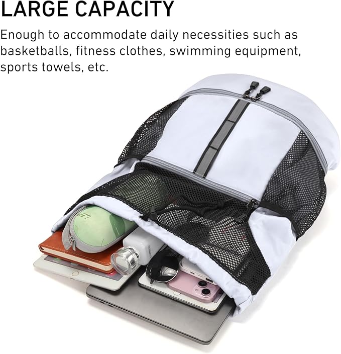 Valleycomfy Drawstring Gym Bag Sports Backpack With Shoe Compartment and Reflective Strips White