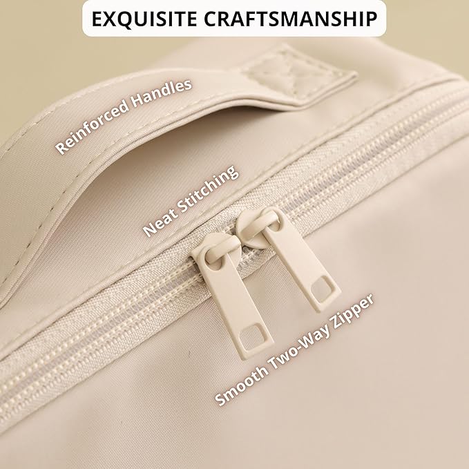 tianzong Travel Makeup Bag with Magnetic Fold-Down Flap, Waterproof Leather Cosmetic and Toiletry Organizer for Women, Multi-Zone Standing Storage, Cream, Large