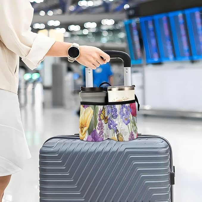 Luggage Cup Holder for Suitcases Free Hands Suitcase Cup Holder Travel Luggage Drink Holder Portable Luggage Cup Caddy Bag Carrier with Handle Tulips Lavenders Purple Butterfly