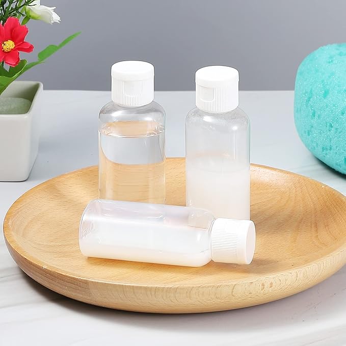 100 Pack 1.7oz Plastic Empty Bottles with Flip Cap Small Travel Size Bottles Hand Sanitizer Bottles Refillable Travel Container for Shampoo Body Soap Lotions Baby Shower (Clear)
