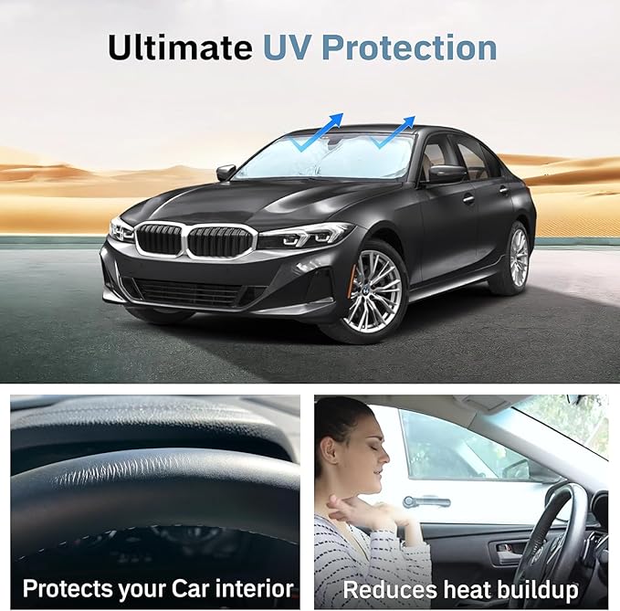 Autovir Windshield Sun Shade Foldable – 280T Car Front Window Shade, Heat Shield UV Sun Visor Protection, Keeps Interior Cool, Easy Fold Storage, Universal Fit for SUV, Sedan