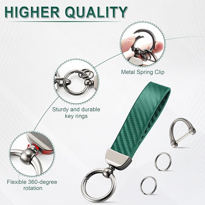 JUSTTOP Leather Keychain, Carbon Fiber Car Key Chain with Anti-Lost D-Ring and 2 Key Ring, Keychain Wristlet, Car Accessories, Universal Keychain for Men and Women (Green)