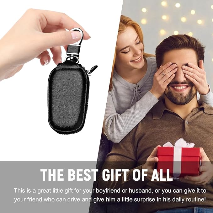 Yourkar 2 PCS Car Key Case, Genuine Leather Auto Key Fob Storage Bag, Key Chain Holder Key Ring Zipper Bag, Car Accessories (Black+Red)