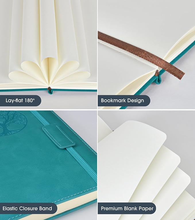 Biuwory Blank Journal Notebook for Women Men, Hardcover Leather Sketchbook 5.7"×8.3", 140 Pages Unlined Sketch book for Drawing, Writing, Travel, School & Work, Journaling Notebooks (Blue)