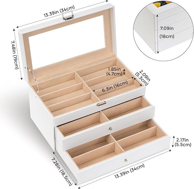 ProCase 3-layer Sunglasses Storage Organizer, 18 Slots Leather Sunglass Box Multiple Pairs Eyeglass Cases Eye Glass Eyewear Display Holder for Men Women, Valentine's Day Gift -White