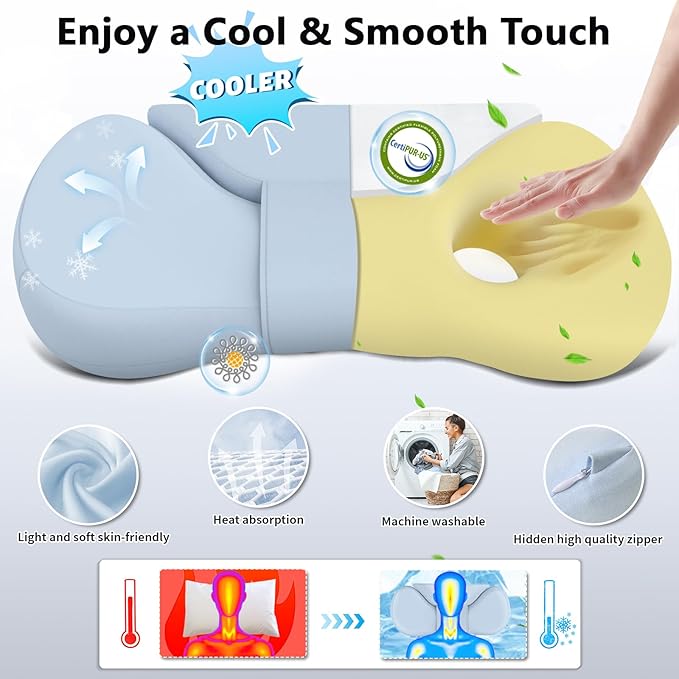Cervical Neck Roll Pillow, Say Goodbye to Neck Pain, Travel Neck Support Pillow for Side Sleepers, Ergonomic Memory Foam Camping Pillow, Cervical Traction Device with Storage Bag (Blue)
