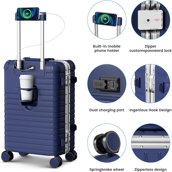 20 Inch Carry on Luggage with Cup Holder, Airline Approved 22x14x9 Aluminum Frame PC Hard Shell Suitcase, 360° Spinner Wheels, TSA Lock for Short Trips and Business Travel