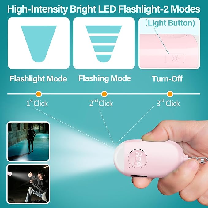 Hion Personal Safety Alarm for Women, Rechargeable 130dB Self Defense Alarm Keychain with LED Flashlight, Emergency Safe Sound Security for Children Elderly College Girls Men, Pink