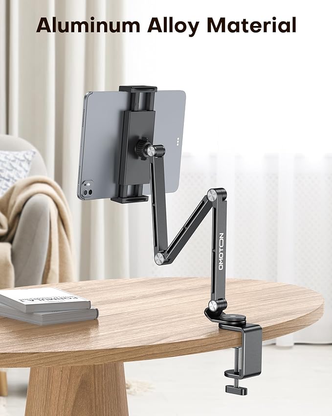 OMOTON Tablet Stand for iPad with 360° Rotation, GH03 Aluminum Alloy Long Arm Phone Mount with 2 Plastic Clamps (Phone & Tablet), Adjustable Holder for 4-13" iPad Pro/iPhone, Black